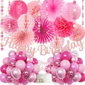 Hot Pink Boho Birthday Party Decorations - 62pcs Happy Birthday Banner, Pink Rustic Paper Lanterns, Streamers, Tissue Pom Poms, Rose Gold Blush Party Balloons, Birthday Decorations for Women Girl by IHEPYQ