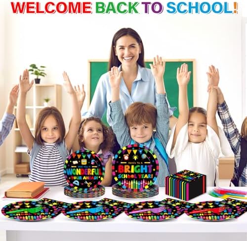 100PCS Back To School Decorations School Season Supplies Paper Plates Napkins Disposable Black Bottom Colorful Pattern Tableware Dinnerware for Student Birthday Picnic First Day of School Serves 25 - Image 5