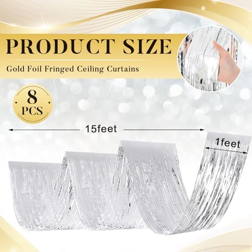 Breling 8 Pcs Silver Ceiling Fringe Curtains, Metallic Foil Drapes, 15 ft - Image 2