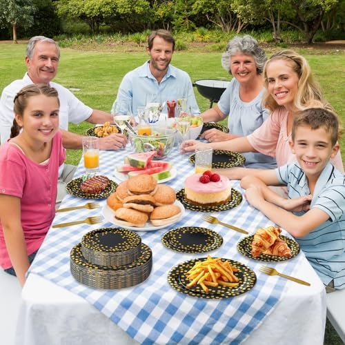 150 Pcs Black and Gold Paper Plates Party Supplies,Serves 50 Guests 7" 9" Black Gold Plates and Gold Plastic Forks,Disposable Paper Tableware Set for Graduation Retirement Decorations - Image 7