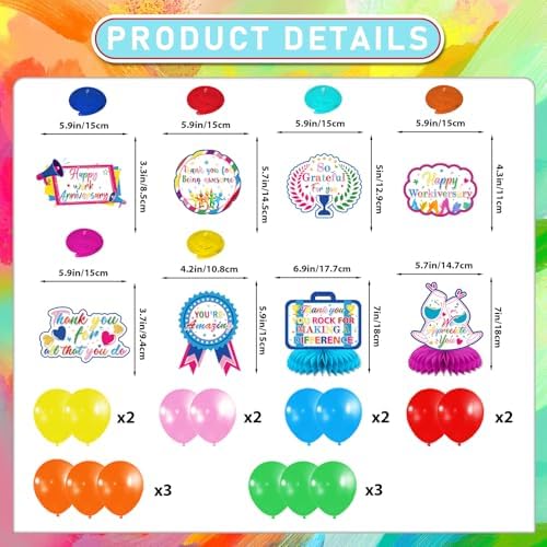 Work Anniversary Decorations: Happy Anniversary Banner Happy Anniversary Decorations with Hanging Swirls Honeycomb Centerpieces Balloons Office Employee Worker Appreciation Decor - Image 3