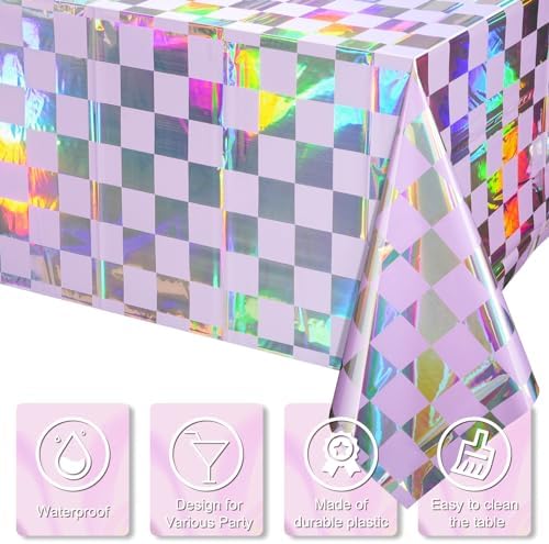 6Pack Iridescent Checkered and Purple Plastic Tablecloths Shiny Disposable Laser Rectangle Table Covers Holographic Foil Tablecloth Iridescent Party Decorations Birthday Bridal Baby Shower, 54x108Inch - Image 3