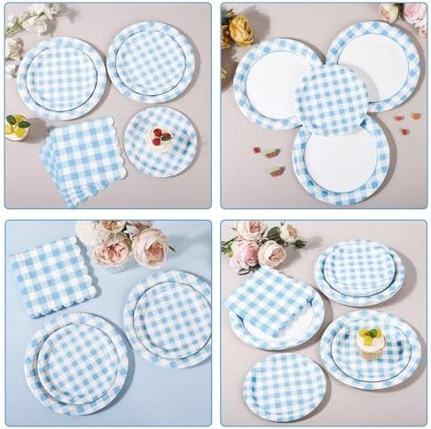 150 Pcs Light Blue Gingham Paper Plates and Napkins, Plaid Party Set - Image 4