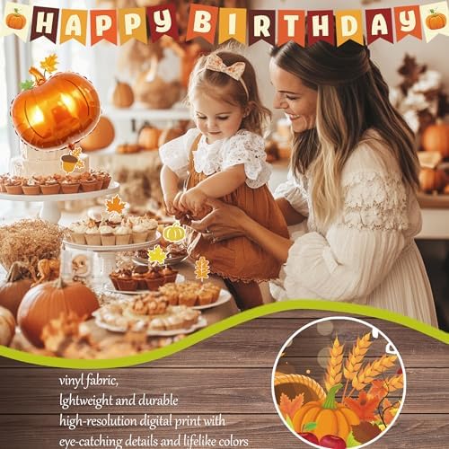Fall Birthday Party Decorations, Orange Green Pumpkin Fall Birthday Supplies, Thanksgving Party Kit Autumn Maple Leaf Backdrop Balloon Arch Banner Tabelcloth Harvest Party Decorations - Image 6
