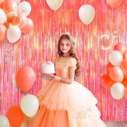 2 Pack Orange Party Streamers Backdrop Curtains, 3.3x8.2ft Holographic Tinsel Foil Curtain Photo Booth Props for Birthday, Wedding, Holiday Celebration, Bachelorette, Theme Decorations - Image 2