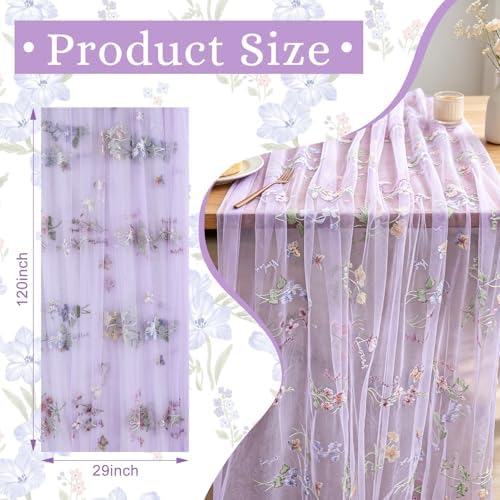 BINBE 6pcs Purple Florals Table Runner Embroidery Gauze 10FT Daisy Seasonal Tulle Birthday Wedding Holiday Kitchen Dining Table Decor for Home Party - Image 2