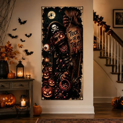 Halloween Pirate Skeleton Door Banner 35.4 x 78.7 Inch Polyester Door Cover, Spooky Skull Entrance Decoration for Front Door Porch Entryway Haunted House Seasonal Home Decor - Image 6