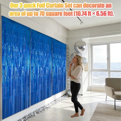 3 Pack 3.28ft x 6.56ft Blue Metallic Tinsel Foil Fringe Curtains, Photo Booth Backdrop Party Decorations for Birthday Wedding Baby Shower Graduation Bachelorette New Years - Image 3