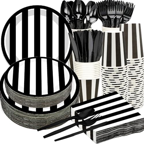 Serve25 175Pcs Black & White Striped Party Supplies - 9" & 7" Striped Paper Plates, Napkins, Cups, Cutlery for Black & White Birthday Party Decorations by GOGUOGOFA