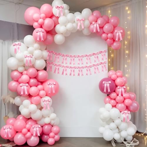 2 Pcs Pink Bow Garland Banner, Pre-Strung Pink Satin Ribbon Bow Garland - Image 3