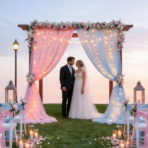 Gallety Tulle Backdrop Curtain with String Lights, 10x8ft Sheer Blue and Pink Backdrop Curtain for Photography, Gender Reveal, Twin Baby Shower, Wedding, Birthday, Baptism, Spring Decorations - Image 6