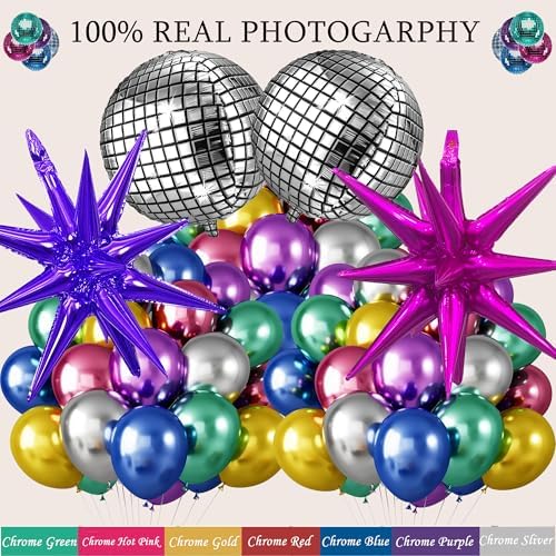 161pcs Shiny Chrome Balloon Garland Arch Kit Retro Disco Dance Party Decorations with 4D Disco Ball Balloons and Explosion Star Foil Balloons for 80s 90s Theme Neon Birthday Galaxy Supplies - Image 3