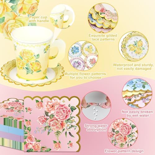 40 Set Floral Tea Cups and Saucers Disposable Tea Party Supplies Colorful Flower Teacups with Handle and Paper Napkins Dinnerware Set for Floral Theme Tea Party Birthday Wedding Bridal Shower Supply - Image 3