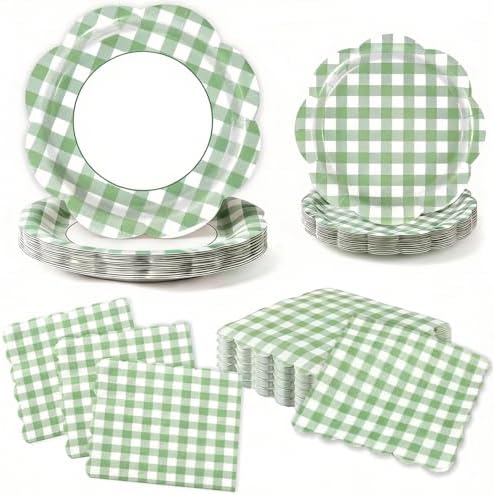 60Pcs Green Gingham Paper Plates and Napkins Party Supplies for 20 Guests by OuMuaMua