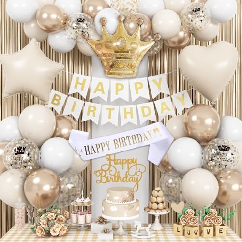 Birthday Decorations for Women, Champagne Gold Birthday Decortion White Beige Neutral Cream Gold Latex Balloons Banner Fringe Curtain for Women Girls Boho Party Supplies by Jobkoo