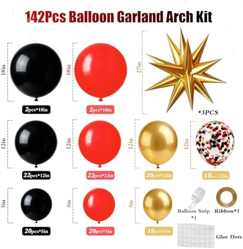 Red Gold Black Balloons Arch Kit Garland with Star Balloons - Image 3