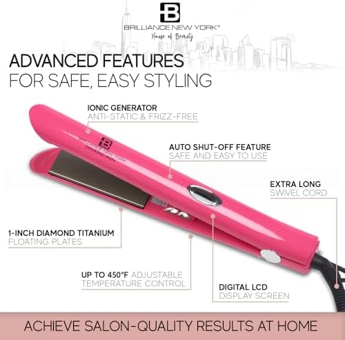 Brilliance New York - 1 Inch Pro Diamond Titanium Flat Iron - 2 in 1 Hair Straightener and Curler - Anti-Static, Frizz-Free Ionic Plates - Auto Shut-Off Dual Voltage Flat Iron w/LCD Display - Image 2