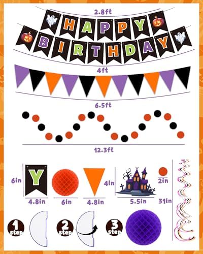 Oomloid Halloween Birthday Party Decorations - Happy Halloween Birthday Banner, Hanging Swirl Streamer, Triangle Flag Bunting for Party Supplies Decorations - Image 3