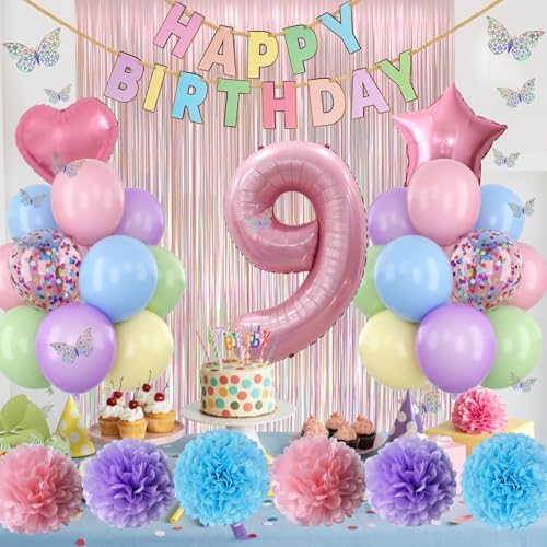 Pastel 9th Birthday Colorful Party Decorations Girls Pink Number 9 Balloon - Image 3