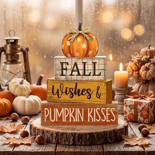 Moucuny 4 Pcs Fall Pumpkin Decor Fall Decorations for Home Wooden Pumpkin Decor Thanksgiving Table Centerpiece Rustic Autumn Stacked Block Signs Farmhouse for Harvest Party Home Kitchen - Image 2