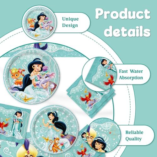 41Packs Princess Jasmine Birthday Decorations Include 20 Plates, 20 Napkins and 1 Tablecover for Birthday Party Supplies (blue1) - Image 4