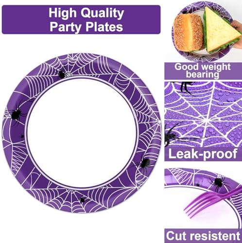 Qyeahkj 100 Pcs Halloween Birthday Party Supplies Paper Plates and Napkins Set Disposable Spider Web Tableware Decorations for Halloween Theme Baby Shower Serves 25 - Image 3