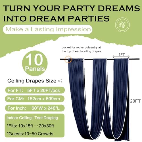 10 Panels 5ft(W) x 20ft(L) Navy Blue Ceiling Drapes for Wedding Parties - Image 6