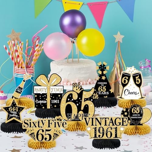 9Pcs 65th Birthday Decorations Honeycomb Centerpieces for Men Women, Black Gold Happy 65th Birthday Centerpieces Tables Toppers Party Decorations Supplies, Vintage 1961 Aged Table Sign Decor - Image 5