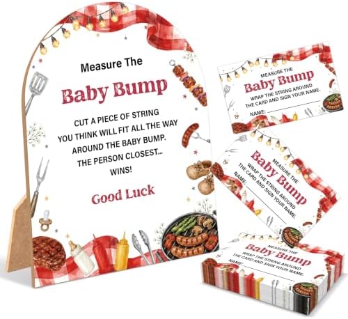 Baby-Q Baby Shower Games, BBQ Measure The Baby Bump Game, 6x8 Inch Arch Wooden Sign With Stand And 50 Guessing Cards, Gender Reveal Party Supplies & Decorations - AD12 by Unknown