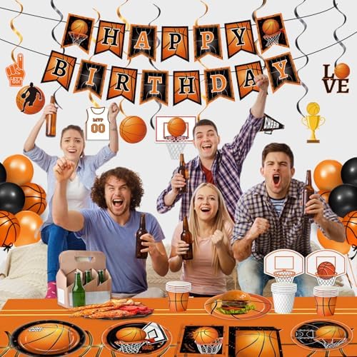 155 PCS Basketball Party Decorations - Basketball Party Supplies - Plates, Napkins, Cups, Basket Card, Banner, Hanging Swirls, Balloons, Tablecloth for Basketball Birthday Party Decorations, Serve 24 - Image 7