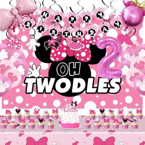 Pink Mouse 2nd Birthday Party Supplies Oh Twodles Girl Second Party Decorations Cartoon Mouse Theme Birthday Decorations Set by OURUI