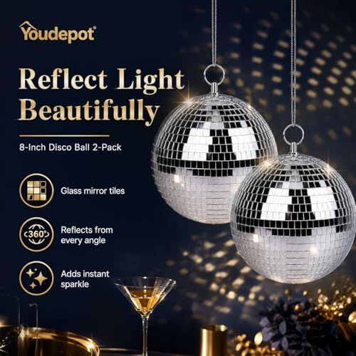 Youdepot 8-Inch Silver Disco Ball Mirror Ball 2-Pack - Image 6