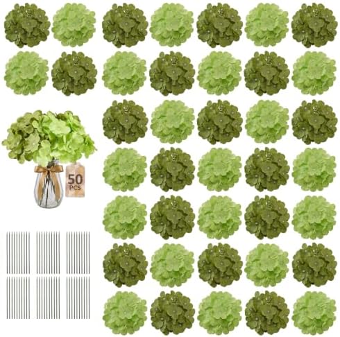 50PCS Green Mix Hydrangea Artificial Flowers with Stronger Bendable Stems by ECCELSO