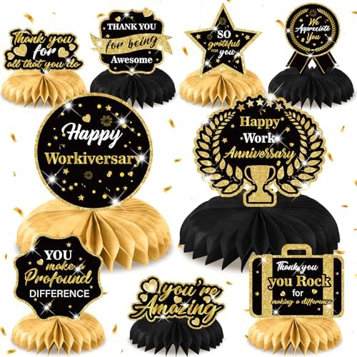 9Pcs Happy Work Anniversary Decorations Black Gold Happy Workiversary Table Honeycomb Centerpieces Office Anniversary Party Table Topper Decor for Employee Worker Anniversary Appreciation Supplies by LUUFILx