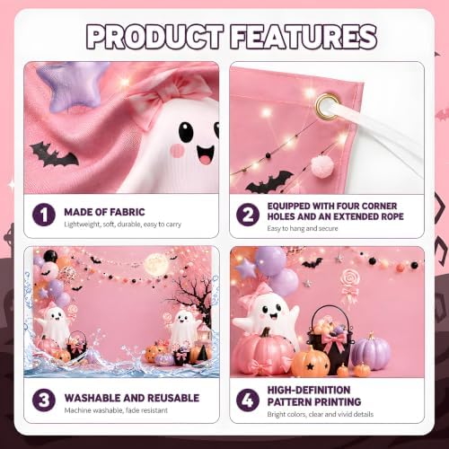 Xzentira Pink Halloween Backdrop 7x5 FT Cute Ghost Pumpkin Halloween Party Decorations Photo Booth Background for Girls Kids Adult - Image 3