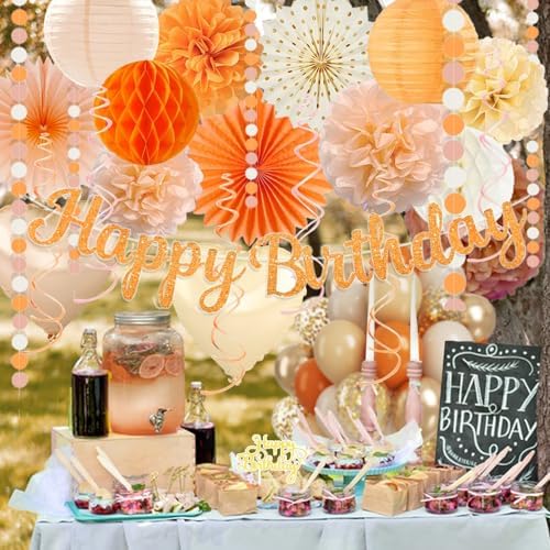 Orange-Peach Fall Boho Birthday Party Decorations - 62pcs Happy Birthday Banner, Beige Rustic Paper Lanterns, Streamers, Tissue Pom Poms, Burnt Orange Apricot Party Balloons, Fall Backdrop Decor - Image 5