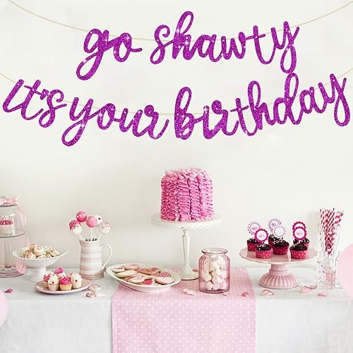 BEISHIDA Purple Go Shawty It's Your Birthday Banner - NO DIY - Hip Hop Theme Glitter Happy Birthday Banner - Pre-Strung - Purple Rap Theme Happy Birthday Sign for Man Women birthday Party Supply - Image 4