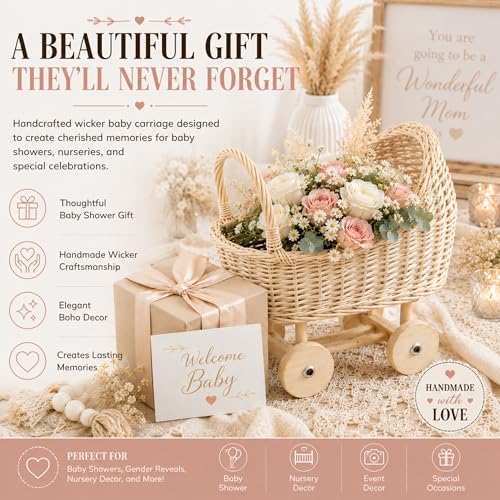 Wicker Baby Carriage for Baby Shower, Boho Centerpiece Decor, Handmade Rattan Flower Cart for Floral Arrangements & Photography Prop (13 Inch) - Image 3
