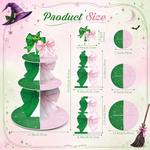 3 Tier Pink and Green Witch Cupcake Stand Witch Party Decoration Elegant Witches Cupcake Tower Pink and Green Cake Holder Table Display for Birthday Party Supplies - Image 2
