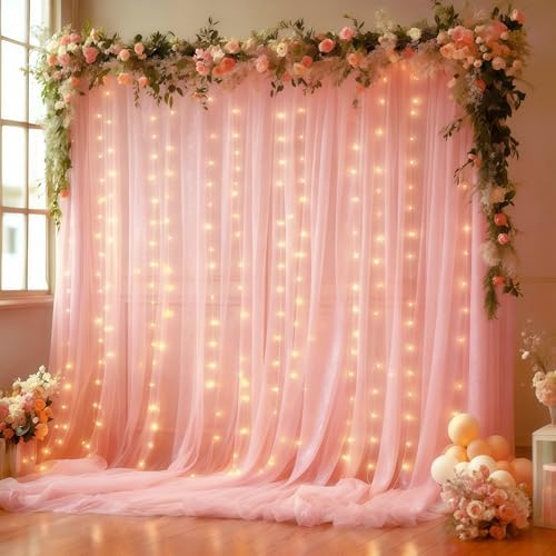 10x10FT Pink Wrinkle Free Backdrop Curtains with Lights String for Parties - Photo Curtain Backdrop with Lights for Wedding Decorations, Bridal Baby Shower Birthday Party Photography Background by WishCare