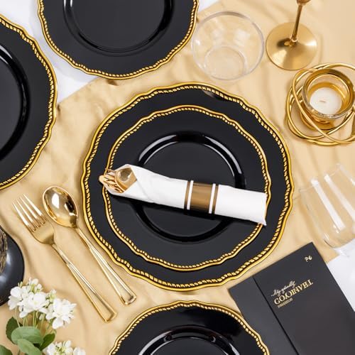 Hioasis 175 Pcs Black and Gold Plastic Plates Wedding & Party - Image 5