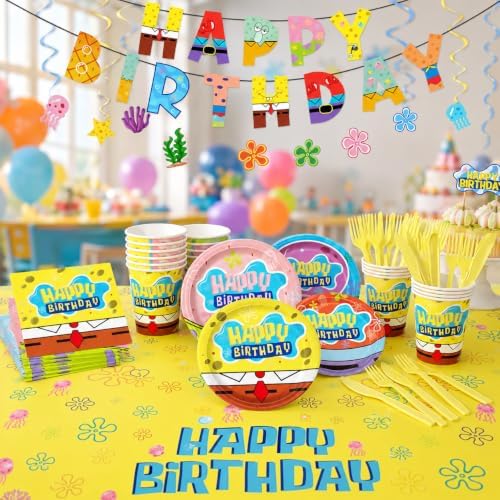 Yellow Cartoon Party Supplies Ocean Tableware Set for 20 Guests With Plates, Cups, Napkins, Banner, Tablecloth, Cake Toppers & Hanging Swirls for Kids Birthday Party Decorations - Image 6