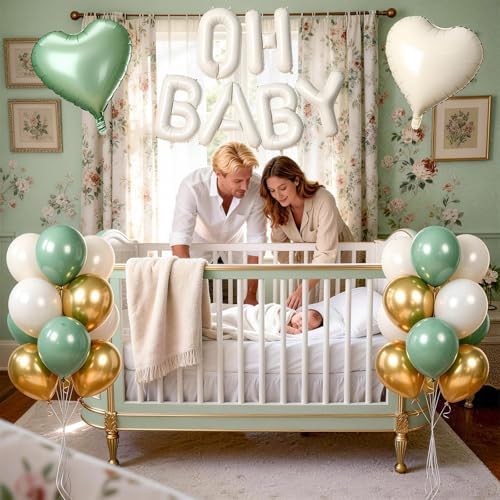 Sage Green Cream Baby Shower Decorations, Welcome OH BABY Letter Foil Balloons Banner Backdrop with Olive Green Gold Beige Latex & Heart Balloon Set for Boho Newborn Babyboy Babygirl Party Decor - Image 5