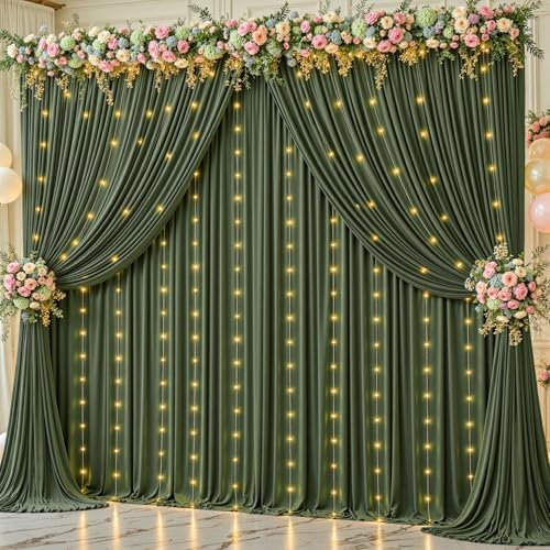 30 x 10ft Olive Green Backdrop Curtains with Lights String by PartyTalk