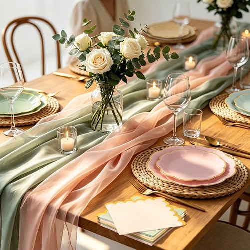 Kochorie 100 Pcs Sage & Pink Scalloped Paper Plates and Napkins - Image 6