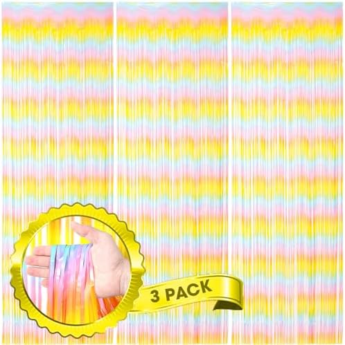 Voircoloria Pastel Foil Fringe Backdrop Curtains,3.3x8.2ft, 3 Pack by Voircoloria