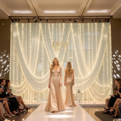 20x10FT Beige Wrinkle Free Backdrop Curtains with Lights String for Parties - Photo Curtain Backdrop with Lights for Wedding Decorations, Bridal Baby Shower Birthday Party Photography - Image 2