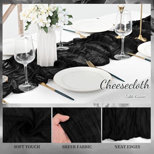 10FT 20 Pack Black Cheesecloth Table Runner 20 x 120 Inch Long Boho Fabric Rustic Cheese Cloth Table Runner for Wedding Bridal Shower Baby Shower Gauze Sheer Birthday Party Table Decorations - Image 3