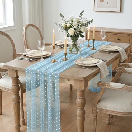 Artoid Mode Light Blue Gauze Flocking White Dots Table Runner 10FT,Summer Sheer Dining Table Decor for Wedding Anniversary Holiday Birthday Home Party - Image 2