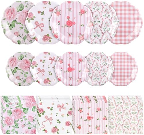 NatNarr 50 Set Pink Floral Plates and Napkins Fancy Tea Party Decor by NatNarr